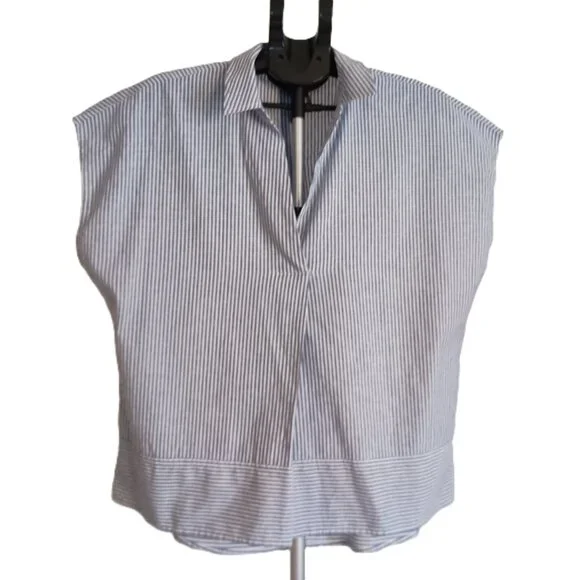 DKNY Comfy Blue White Stripe Linen Blend Sleeveless V-Neck Collared Shirt Wmn L - Picture 2 of 14